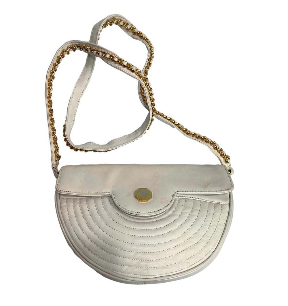 80s 90s White Leather Semi Circle Shoulder Bag Gold Chain Accents